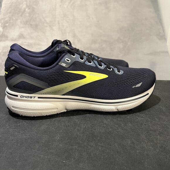 Brooks Ghost 15 Running Shoes Mens Size 9.5 Navy Blue Yellow 110393 1D 429 - Picture 1 of 10